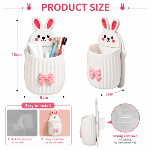 Image of Cute Rabbit Wall Mounted Toothbrush Holder | Self Adhesive Bathroom Organizer for Toothbrush, Toothpaste, Comb & Makeup Brushes | Bathroom Accessories for Kids & Home (Pink Green Rabbit)
