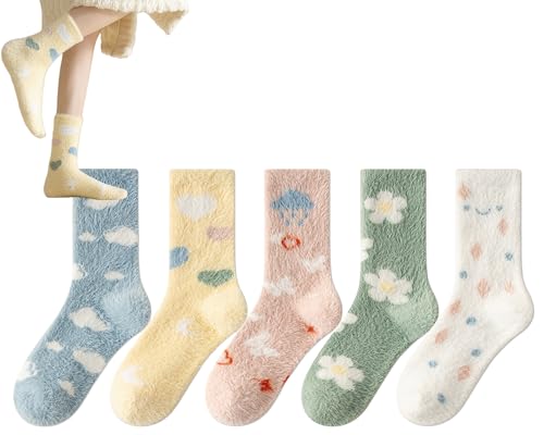CHUNFO Womens Cozy Crew Socks Warm,Cute Colorful,Fuzzy Mid Calf,No-pilling,Prints Patterned,Size4.5-9