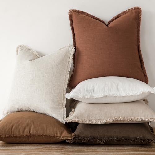 Image of Foindtower Set of 2 Decorative Linen Fringe Throw Pillow Covers Boho Farmhouse Cushion Cover with Tassels Soft Accent Pillowcase for Couch Sofa Bed Living Room Home Decor,18x18 Inch,Orange Brown
