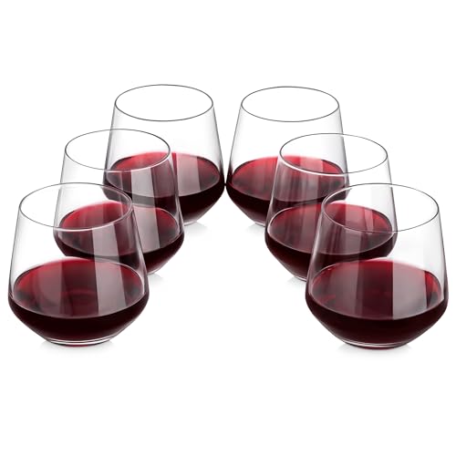 Amisglass Stemless Wine Glasses Set of 6, Classy Red White Wine Glass Made from 100% Lead-Free Premium Crystal Glass, Sleek Modern Drinking Tumbler for Cabernet, Pinot Noir, Burgundy, Bordeaux - 390ml
