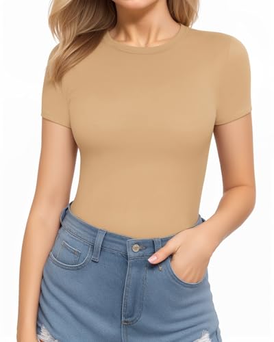 Image of MANGOPOP Women's Round Neck Short Sleeve Bodysuit T Shirts Basic Body Suit Tops