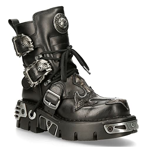 New Rock Men's 407-S1 Silver Cross Buckle Ankle BOOTS Black Leather Gothic Punk Biker Fashion Shoes