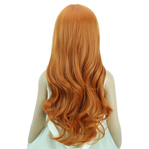 Image of Ginger Wig for Kids Girls Long Ginger Orange Wavy Curly Wig Child Long Orange Part Wigs Heat Resistant Synthetic Wigs with Hairnet