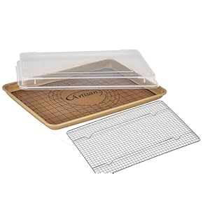 Baker’s Set-Half Size Non-Stick Aluminum Gold Baking Sheet (USA), Silcone Baking Mat, Wire Grate and Plastic Cover-18 in x 13 x 1 in
