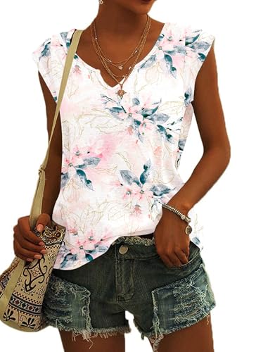 AUSELILY Women's 2025 Trendy Summer Tank Top Ladies Loose Fit Cap Sleeve V Neck T-Shirt White Pink Flowers M