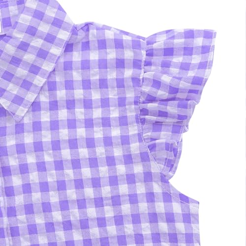 Image of Girls Sleeveless Plaid Button Down Shirt Summer Crop Tops Tie Knot Ruffle Sleeve Shirt Blouse 3-12Y