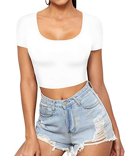 ALGALAROUND Women's Cotton Basic Scoop Neck Crop Top Short Sleeve Tops (A01 White, Small)