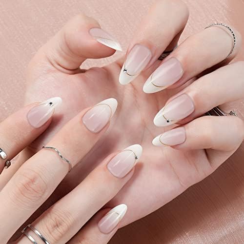 Acrylic Press on Nails Medium Almond, Jofay Fashion False Nails with Glue Elegant Milky White, Natural & Reusable, Fake Nails with Designs, Glue on Nails Stick on Nails for Women Girls Gift, 24pcs