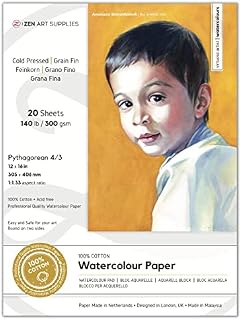 100% Cotton Watercolour Paper 140 lb - 12x16 inches 20 Sheet Cold Press Acid-free Large Block for Professional Artists 2-Side Bound for Watercolor, Gouache, Ink, Acrylic and Mixed Media by ZenART