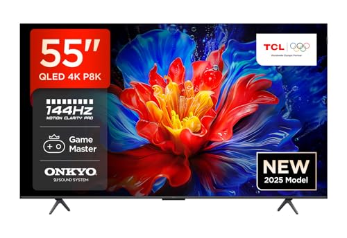 TCL 55P8K QLED 4K HDR Ultra HD 55' QLED TV with Google TV Technology (Dolby Vision and Atmos, Motion Clarity Pro 144Hz, FreeSync, Onkyo 2.1 Audio, Google Assistant Compatible)