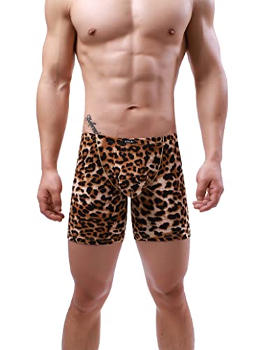 IKINGSKY Men's Leopard Long Leg Boxer Pouch Trunks Sexy Low Rise Bulge Short Under Panties for Men2