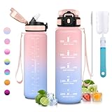 JAPORIA Trinkflasche 1L, Trinkflasche Sport, Wasserflasche mit Zeitmarkierung, Auslaufsicher, BPA-Frei, Flasche mit Strohhalm, Sportflasche für Fitness, Laufen und Camping