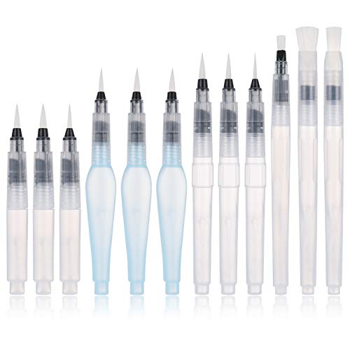 Opopark Water Brush Pack of 12 Refillable Pens with Assorted Tips for Water Color Painting and Blending