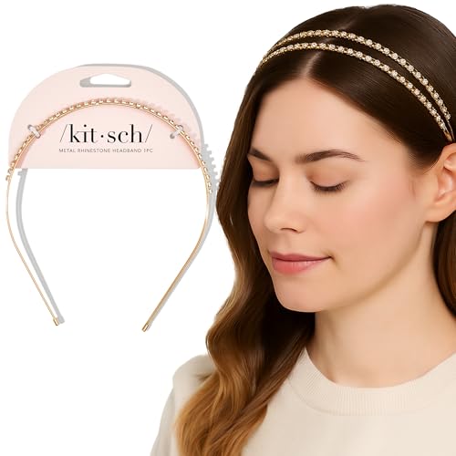 Kitsch Rhinestone Headband for Women - Double Row Gold Headband