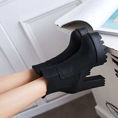 MIOKE Women's Platform High Heeled Ankle Booties Round Toe Chelsea Waterproof Elastic Dressy Short Boots4