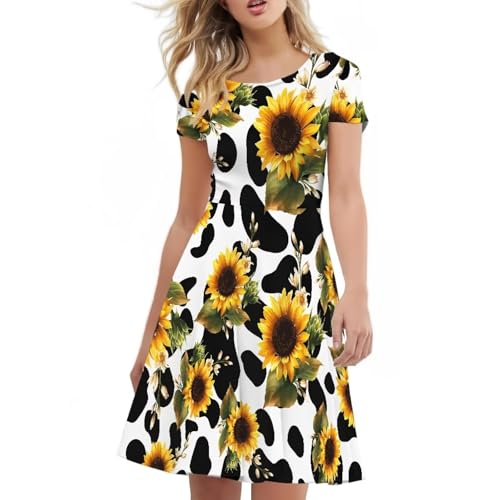 Image of HUGS IDEA Womens Puffy Swing Midi Dress Round Neck Short Sleeve Party A-Line Dresses