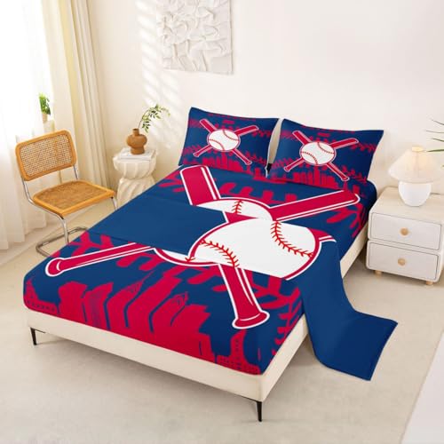Erosebridal Boys Baseball Bed Sheets Set Full for Teens Youth, Baseball Team Sheet Set for Gift, Sports Sheets, City Flat Fitted Sheet with 2 Pillowcases