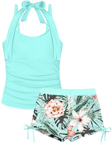 Image of Girls Swimsuit 2 Piece Halterneck Girls Tankini Swimsuit Drawstring Printed Swim Shorts Girl Bathing Suit for 7-18T