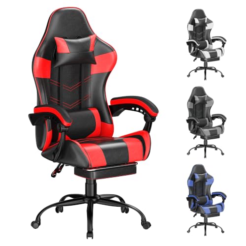 Image of Gaming Chair with Footrest, Ergonomic Video Game Chair with Headrest and Lumbar Support, 400 lbs Adult Chair, Height Adjustable 360 Swivel High Back Reclining Computer Chair for Home Office (Red)
