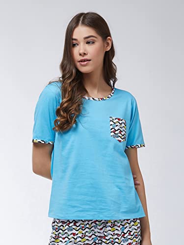 Image of Miss Chase Women's Blue Round Neck Short Sleeves Printed Regular Length T-Shirt