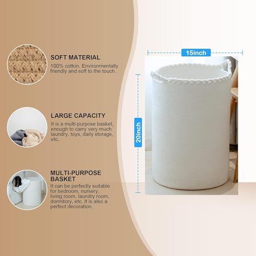 Image of ALBY Woven,Tall Wicker Laundry Basket for Blankets,Clothes,Pillows,Toys,Shoes Large Cotton Laundry Hamper for Bedroom Living Room Bathroom Nursery (58L / Large 15 inchD x 20 inchH, PURE WHITE)