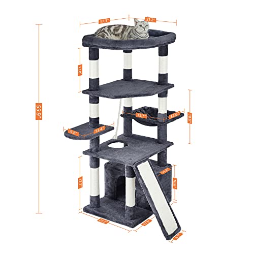 Pesofer 55.9 Inches Cat Tree Multi Level Cat Tower With Sisal-Covered Scratching Posts, Kitty Playhouse And Large Top Perch Dark Gray #TOP1