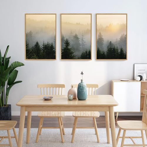 FWIEXA Misty Forest Wall Art Set Framed, Large Mountains Canvas Wall Decor, Green Nature Wall Painting, Foggy Tree Landscape Artwork 3 Panel 24x36 Inches for Living Room, Bedroom, Office, Gift - Image 3
