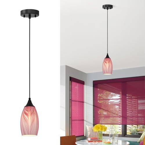 ANYLOVE Vintage Art Pendant Gold-Pink Stripe Lighting,1-Pack Hand Glass Hanging Light Fixture,Adjustable Cord for Kitchen,Hallway,Dining Room