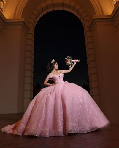 Glitter Tulle Quinceanera Dresses Ball Gown Off Shoulder Sweet 16 Dresses with Train Sparkly Beaded Quince Dress