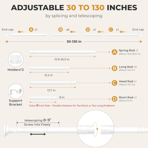 Image of Heavy Duty White Shower Curtain Rod 30-132 In AdjustableTension Curtain Rod | No Drilling for Windows Bathroom Outdoor Closet 1.1 inch Dia Spring Stainless Steel Rustproof Anti-Slip Easy Installation