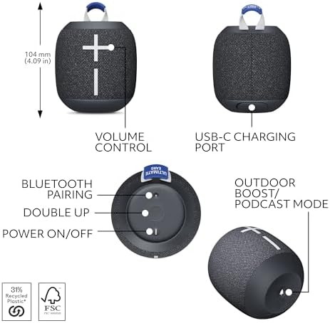 Ultimate Ears WONDERBOOM 4 Portable Waterproof Bluetooth Speaker with Big Bass and 360-Degree Sound, Dustproof Floating Speaker with 131ft (40m) Range - Black — view 4