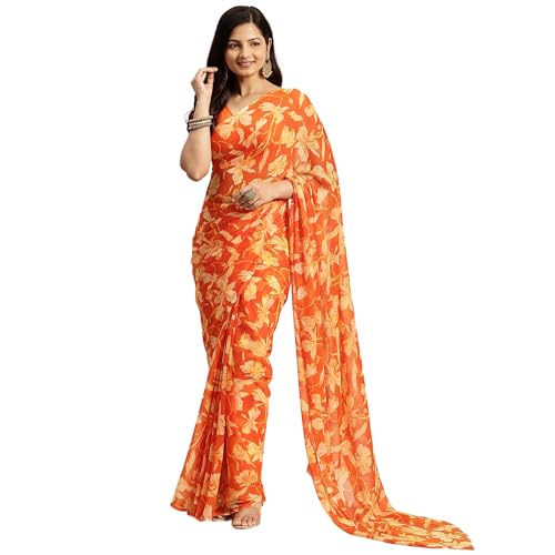 Image of RATAN Women's Chiffon Floral Printed Saree with Unstitched Blouse Piece