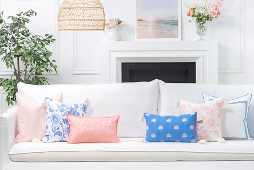 Hofdeco Premium Coastal Patio Indoor Outdoor Pillow Cover Only, 18"x18" Water Repellent for Backyard, Couch, Cornflower Blue Embroidered Palm Leaf Tassel by Hofdeco Premium - Image 2
