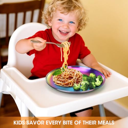 AIEVE Stainless Steel Kids Plates,6 Pack Round Toddler Plates,8 Inch Dinner Dishes for Baby, BPA Free, Dishwasher Safe