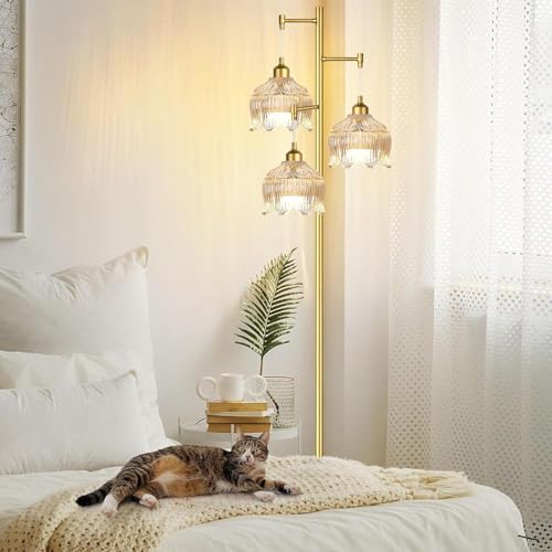 Image of ILLMTW Gold Floor Lamp for Living Room,Bedroom,Mid Century Modern Standing Lamp Brass Tree 3 Light Tall Floor Lamps Vintage Retro Floor Lights Glass Amber Flower Lamp Shade Farmhouse Boho Bohemian