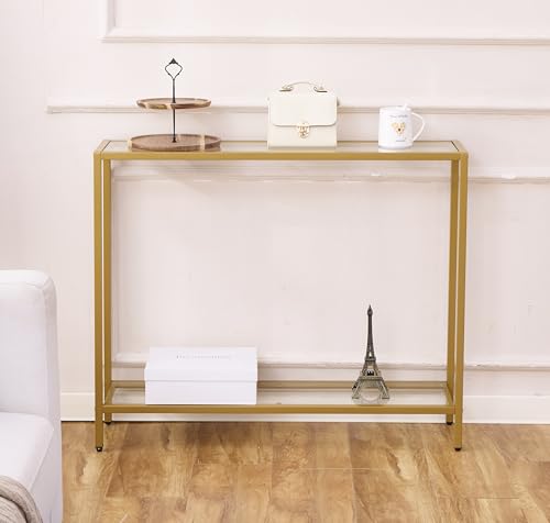 MAJARO Small Modern Console Table for Entryway, Tempered Glass with Metal Frame Sofa Table for Living Room, Hallway, Office (Double-Layer, Gold) - Thumbnail 3