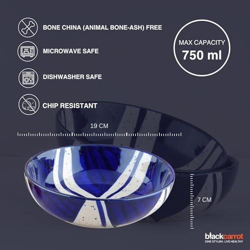 Image of BLACKCARROT Premium Stoneware Ceramic Bowls Set of 2 | 750 ml Each, Bone Ash-Free, Microwave Safe Salad & Pasta Bowls | Elegant Blue Splash Design