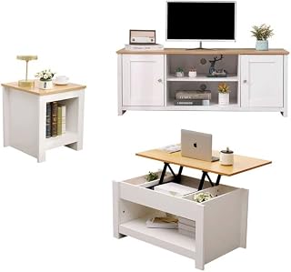 Homemade Deisgn FurnitureHMD Living Room 3 Piece Set TV Cabinet 2 Doors TV Stand Lift-up Top Coffee Table with Hidden Compartment Lamp Table Small Side Table (Set A)
