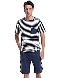 Aibrou Pijama Hombre Corto Raya Verano Set,Pijama Algodón Camiseta y Pantalones Suave Comodo Ropa de Dormir para Hombre S-XL
