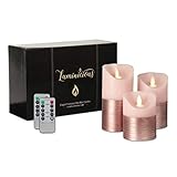 Flameless Candles Flickering LED | Battery Operated Electric Pillar Candle | Realistic Moving Flame Flicker with Remote Control & Timer | Real Wax Pink Trim | Great Home Decor | Decorative Gift