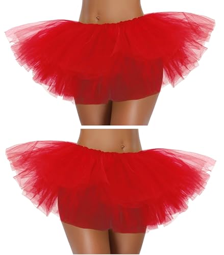 G&J Online Tutu Skirt for Women Adult Classic Elastic 3 4 5 Layered Tulle Party Marathon Dance Costume Skirts (One Size, 2Pack-5Layer-Red, one_Size)