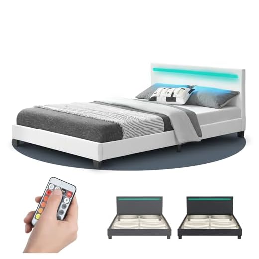 Juskys Lit rembourré Paris 140x200 cm avec éclairage LED, sommier à Lattes et tête de lit, Simili Cuir, Cadre de lit pour Adulte et ado, 1 Personne, Blanc