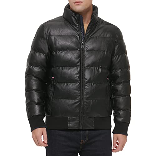 Tommy Hilfiger Mens Tommy Hilfiger Men's Midweight Quilted Faux Leather Bomber, Black, Small