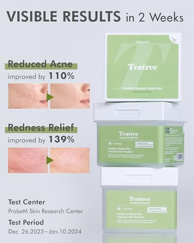 Image of DERMAL Tea Tree Calming Toner Pads 120 Count - Zinc PCA Lactobacillus for Oily Blemish-Prone Skin - Vegan Gauze Tencel Pads with Tweezers (Korean Skincare)