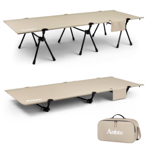 Image of Anbte Height Adjustable Camping Cot with Storage Net, Support 400lbs, Brown | Comfortable Portable Cots for Adult, for Camping Hiking Travel Truck Beach Office Nap, With Storage Bag