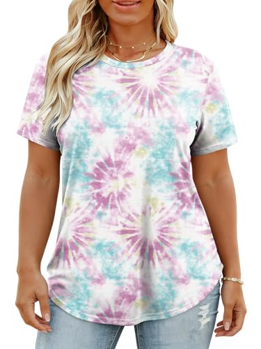 Image of VISLILY Plus-Size-Tops for Women Casual Short Sleeve T Shirts Trendy Tie Dye Crewneck Tees Comfy Loose Fit Tunics XL-5XL