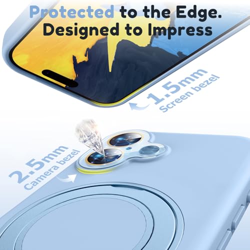 Image of Silicone 360 Spin Magnetic Stand Case for iPhone 17, [Compatible with Mag-Safe][Reinforced Hard Camera Protection]Shockproof Liquid Silicone Rubber Phone Case Cover with Ring, Camera Button, Sky Blue