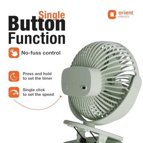 Image of Orient Electric Orbis Rechargeable Personal Fan | 360 Rotation | 1800 mAh Battery | 4 Speed Modes with Timer | Quiet Operation | USB Type-C Charging | Clip-On Mini Fan | Matcha Green