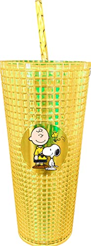 Image of Spoontiques - Diamond Tumbler - Textured Cup with Straw - Double Wall Insulated and BPA Free - Charlie Brown & Snoopy - Yellow - 20 oz