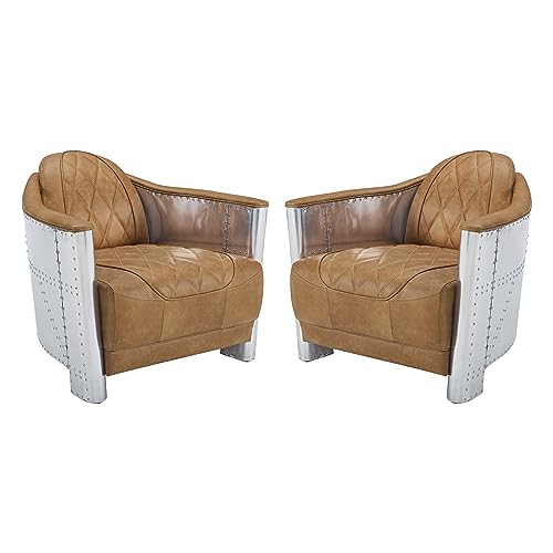 Art Leon Genuine Leather Accent Chair, Set of 2, Mid Century Industrial Armchair, Vintage Leather Upholstered Club Barrel Chair with Aluminum Patchwork, Light Brown